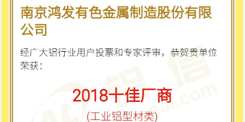恭喜鴻發(fā)有色榮獲2018鋁行業(yè)十佳廠(chǎng)商！